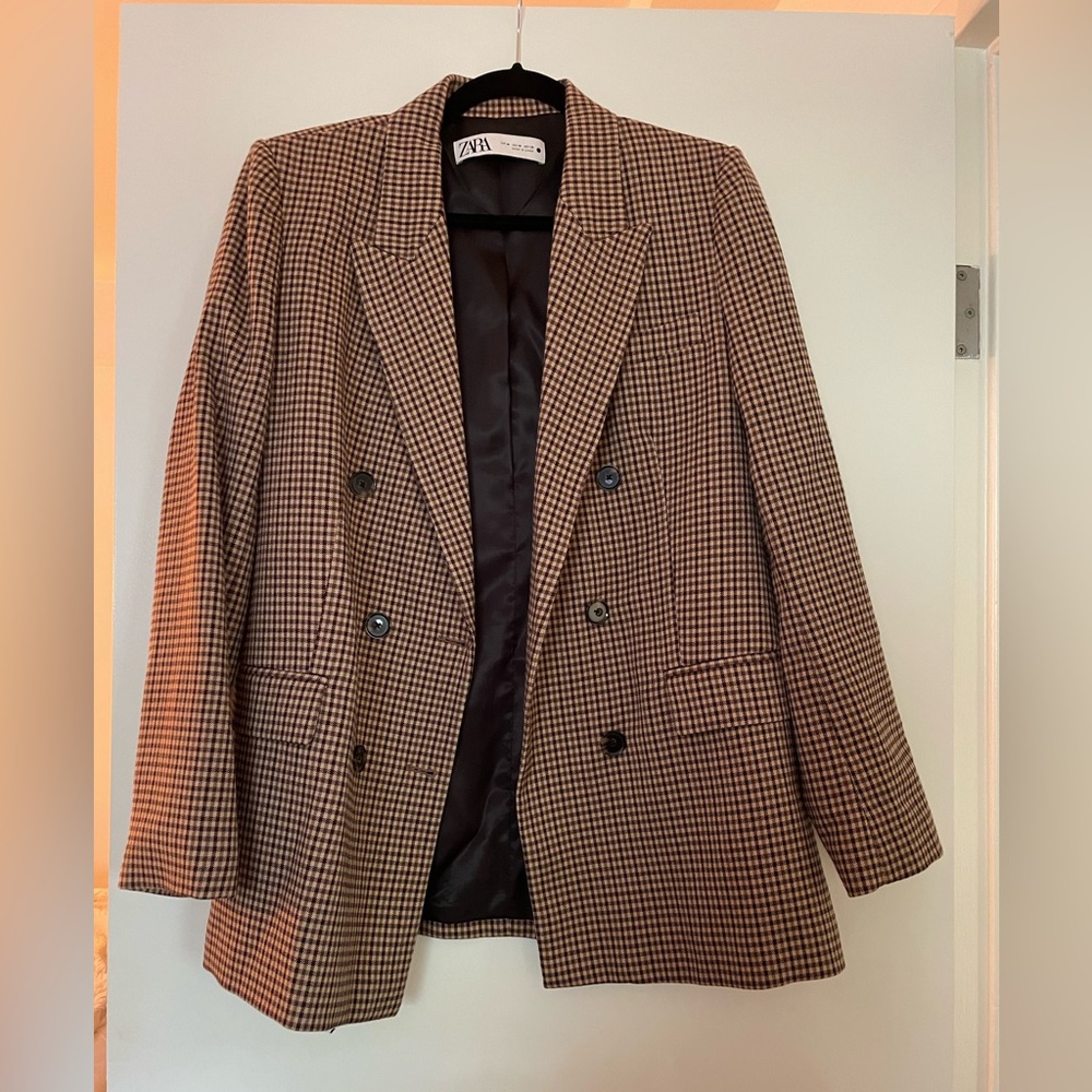 ZARA Brown Houndstooth Double-Breasted Blazer